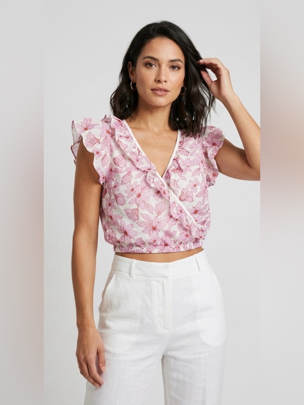 Cecilia Prado Floral Ruffle Crop Top - Pink & White V-Neck Flutter Sleeve Blouse
